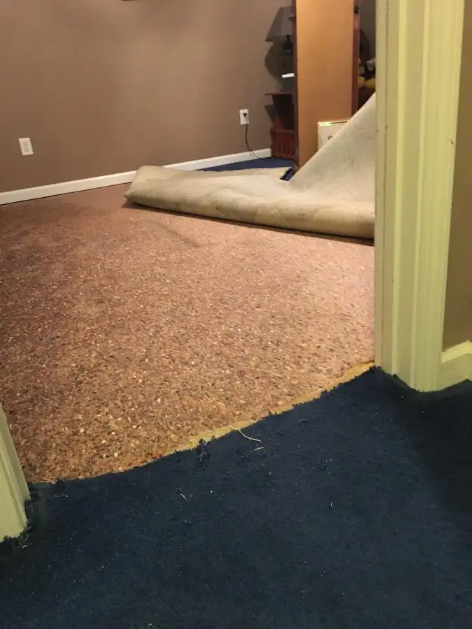 Carpet pad removal revealing water damage during Water Mitigation Services in Greenbriar